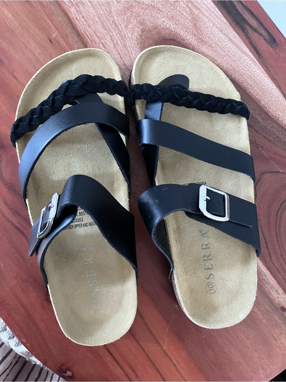 Serra Black Leather Braided Strappy‎ Buckle Slide Sandals 10 Boho Cork Footbed